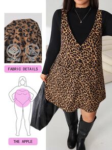 Solflare Plus Size Women Solid Color Stand Collar Long Sleeve T-Shirt Leopard Print Strap Dress 80s 90s 2 Pieces Set Fall Birthday Black Brown - Multicolor - View 1