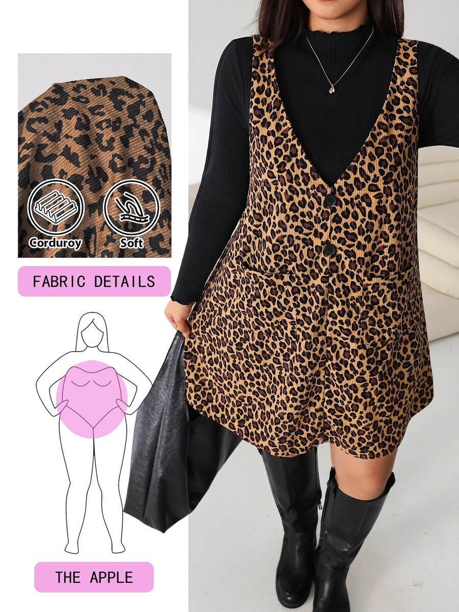 Solflare Plus Size Women Solid Color Stand Collar Long Sleeve T-Shirt Leopard Print Strap Dress 80s 90s 2 Pieces Set Fall Birthday Black Brown - Multicolor - View 1