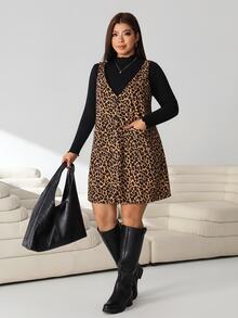 Solflare Plus Size Women Solid Color Stand Collar Long Sleeve T-Shirt Leopard Print Strap Dress 80s 90s 2 Pieces Set Fall Birthday Black Brown - Multicolor - View 3