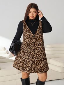 Solflare Plus Size Women Solid Color Stand Collar Long Sleeve T-Shirt Leopard Print Strap Dress 80s 90s 2 Pieces Set Fall Birthday Black Brown - Multicolor - View 6