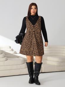Solflare Plus Size Women Solid Color Stand Collar Long Sleeve T-Shirt Leopard Print Strap Dress 80s 90s 2 Pieces Set Fall Birthday Black Brown - Multicolor - View 4