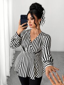 Elenzga Blus Wanita Ukuran Besar Motif Garis-garis Hitam Putih Model Lilitan Leher V Lengan Lentera Pinggang Ramping Hem Berkerut untuk Musim Gugur - Hitam - View 8