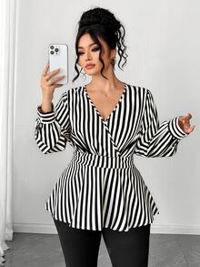 Elenzga Blus Wanita Ukuran Besar Motif Garis-garis Hitam Putih Model Lilitan Leher V Lengan Lentera Pinggang Ramping Hem Berkerut untuk Musim Gugur - Hitam - View 7