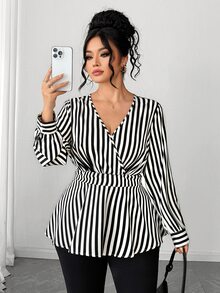 Elenzga Blus Wanita Ukuran Besar Motif Garis-garis Hitam Putih Model Lilitan Leher V Lengan Lentera Pinggang Ramping Hem Berkerut untuk Musim Gugur - Hitam - View 6