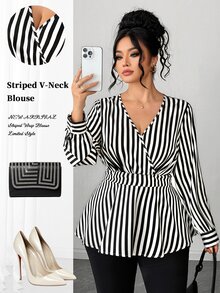 Elenzga Blus Wanita Ukuran Besar Motif Garis-garis Hitam Putih Model Lilitan Leher V Lengan Lentera Pinggang Ramping Hem Berkerut untuk Musim Gugur - Hitam - View 1