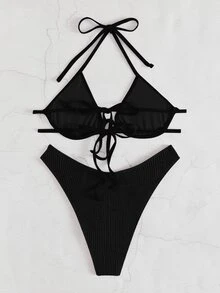 SHEIN Swim Summer Beach Plain Textured Halter Push Up High Cut Bikini - Black - View 2