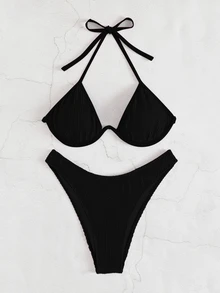 SHEIN Swim Summer Beach Plain Textured Halter Push Up High Cut Bikini - Black - View 3