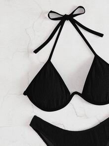 SHEIN Swim Summer Beach Plain Textured Halter Push Up High Cut Bikini - Black - View 6