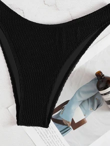 SHEIN Swim Summer Beach Plain Textured Halter Push Up High Cut Bikini - Black - View 4