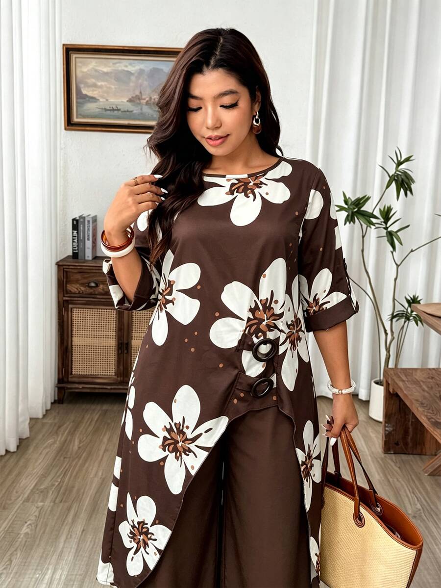 Weeklong Plus Size Women'sAutumn Brown Floral Print Long Sleeve Loose Asymmetrical Long Shirt With Button Decor And Straight Wide Leg Pants 2 Pieces Set, Fall - Brown - View 1