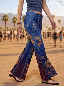 Fembélia Women's Sun, Moon Star Pattern Casual Boho Versatile Daily Wear Flare Pants Vacation Navy Blue Autumn - Multicolor - View 5