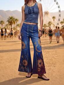 Fembélia Women's Sun, Moon Star Pattern Casual Boho Versatile Daily Wear Flare Pants Vacation Navy Blue Autumn - Multicolor - View 3