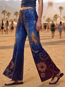 Fembélia Women's Sun, Moon Star Pattern Casual Boho Versatile Daily Wear Flare Pants Vacation Navy Blue Autumn - Multicolor - View 4