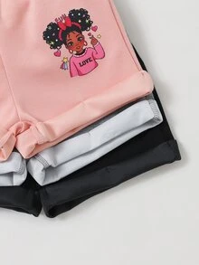 SHEIN 3 قطع سروال قصير رقيق مطبوع بطباعة الكرتون الجميلة للبنات الصغار للصيف - متعدد الألوان - مشاهدة 6