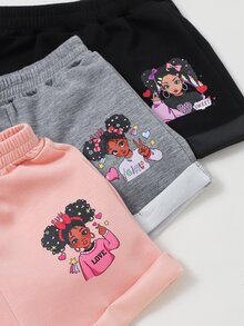 SHEIN 3 قطع سروال قصير رقيق مطبوع بطباعة الكرتون الجميلة للبنات الصغار للصيف - متعدد الألوان - مشاهدة 4