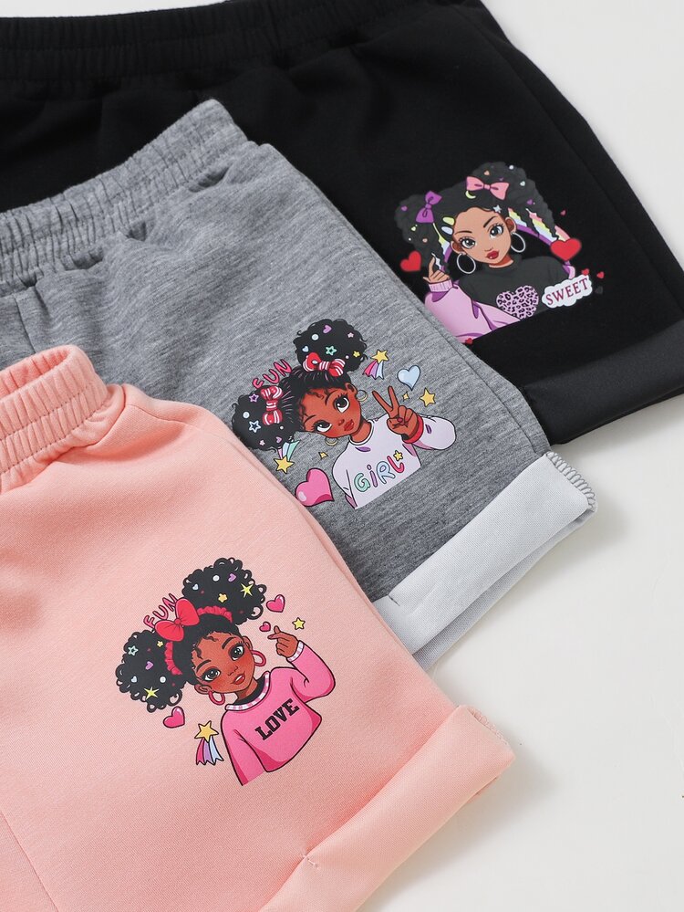 SHEIN 3 piezas de pantalones cortos de punto finos con estampado de dibujos animados lindos para niñas pequeñas, para verano - Multicolor - Añade 4