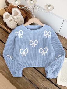 SHEIN Light Blue And White Cute Bow Knit Pullover Sweater, Autumn Holiday Back-To-School Fashionable Tween Girl Jumper Pastel Fall Winter Tops - Blue - View 5
