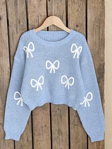 SHEIN Light Blue And White Cute Bow Knit Pullover Sweater, Autumn Holiday Back-To-School Fashionable Tween Girl Jumper Pastel Fall Winter Tops - Blue - View 10