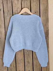 SHEIN Light Blue And White Cute Bow Knit Pullover Sweater, Autumn Holiday Back-To-School Fashionable Tween Girl Jumper Pastel Fall Winter Tops - Blue - View 3
