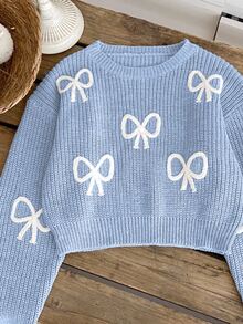 SHEIN Light Blue And White Cute Bow Knit Pullover Sweater, Autumn Holiday Back-To-School Fashionable Tween Girl Jumper Pastel Fall Winter Tops - Blue - View 7