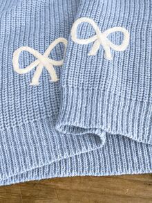 SHEIN Light Blue And White Cute Bow Knit Pullover Sweater, Autumn Holiday Back-To-School Fashionable Tween Girl Jumper Pastel Fall Winter Tops - Blue - View 11