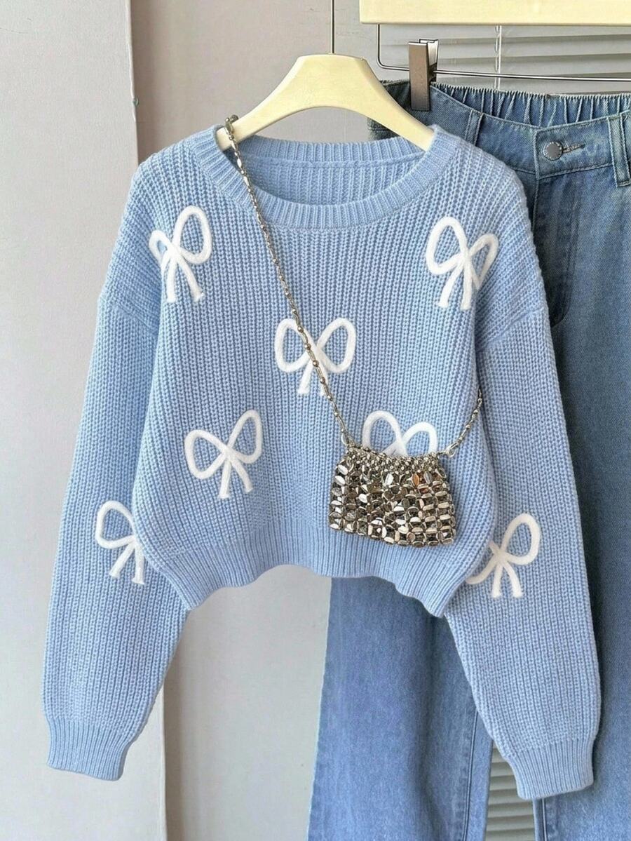 SHEIN Light Blue And White Cute Bow Knit Pullover Sweater, Autumn Holiday Back-To-School Fashionable Tween Girl Jumper Pastel Fall Winter Tops