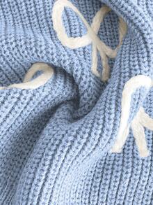 SHEIN Light Blue And White Cute Bow Knit Pullover Sweater, Autumn Holiday Back-To-School Fashionable Tween Girl Jumper Pastel Fall Winter Tops - Blue - View 8