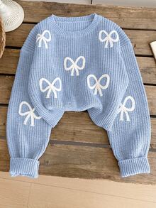 SHEIN Light Blue And White Cute Bow Knit Pullover Sweater, Autumn Holiday Back-To-School Fashionable Tween Girl Jumper Pastel Fall Winter Tops - Blue - View 9