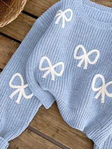 SHEIN Light Blue And White Cute Bow Knit Pullover Sweater, Autumn Holiday Back-To-School Fashionable Tween Girl Jumper Pastel Fall Winter Tops - Blue - View 6