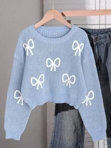SHEIN Light Blue And White Cute Bow Knit Pullover Sweater, Autumn Holiday Back-To-School Fashionable Tween Girl Jumper Pastel Fall Winter Tops - Blue - View 4