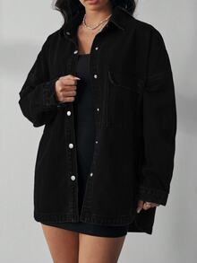 SHEIN LUNE 纯色前扣休闲百搭长袖牛仔夹克 - 黑色 - 查看 6