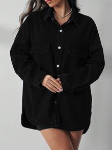 SHEIN LUNE 纯色前扣休闲百搭长袖牛仔夹克 - 黑色 - 查看 4