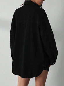 SHEIN LUNE 纯色前扣休闲百搭长袖牛仔夹克 - 黑色 - 查看 2