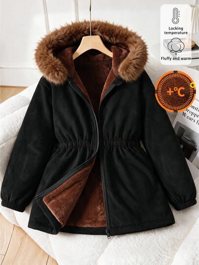 SHEIN Elegante zwarte dikke pluche gevoerde capuchonjas met lange mouwen, imitatiebontkraag, ritssluiting, herfst/winter outwear parka kleding, fleece