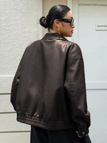 Dazy Plus Autumn New Loose Casual PU Streetwear Brown Jacket - Brown - View 10