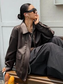 Dazy Plus Autumn New Loose Casual PU Streetwear Brown Jacket - Brown - View 12