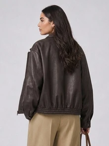 Dazy Plus Autumn New Loose Casual PU Streetwear Brown Jacket - Brown - View 2