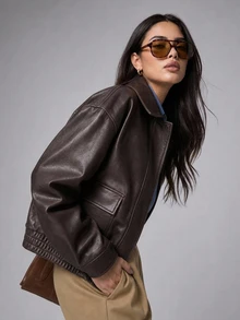 Dazy Plus Autumn New Loose Casual PU Streetwear Brown Jacket - Brown - View 3