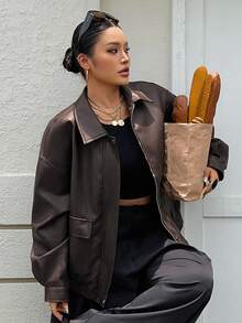 Dazy Plus Autumn New Loose Casual PU Streetwear Brown Jacket - Brown - View 13