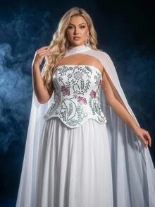 Elitara Plus Size Elegant Romantic Glamorous White Knit & Chiffon Patchwork Dress With Heavy Rhinestone Embellishment, 2 In 1 Design, Fitted A-Line, Suitable For Evening Party, Ball, Wedding Event, Bridal Gown - White - View 6