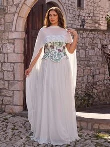 Elitara Plus Size Elegant Romantic Glamorous White Knit & Chiffon Patchwork Dress With Heavy Rhinestone Embellishment, 2 In 1 Design, Fitted A-Line, Suitable For Evening Party, Ball, Wedding Event, Bridal Gown - White - View 8