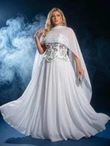Elitara Plus Size Elegant Romantic Glamorous White Knit & Chiffon Patchwork Dress With Heavy Rhinestone Embellishment, 2 In 1 Design, Fitted A-Line, Suitable For Evening Party, Ball, Wedding Event, Bridal Gown - White - View 4
