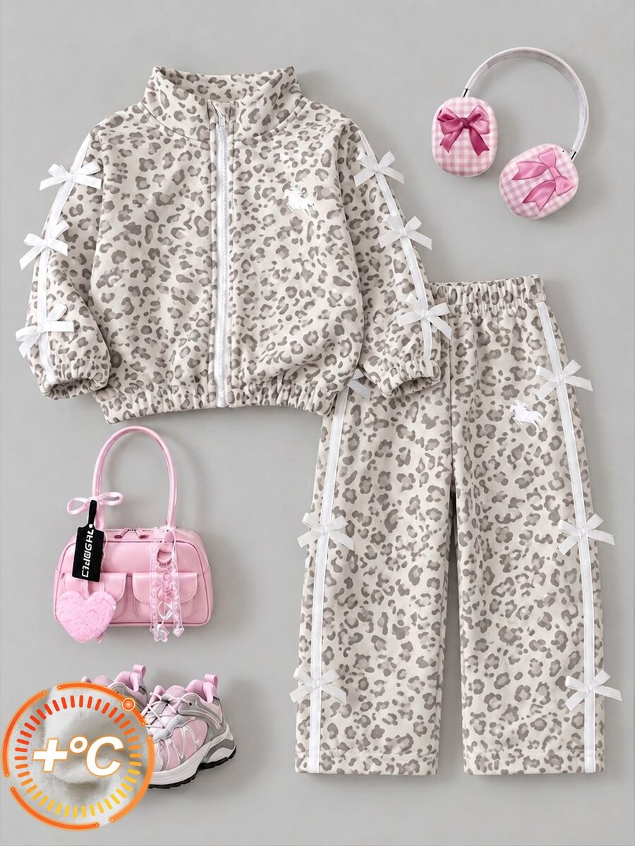 SHEIN Souflis طقم ملابس للرضيعات بتصميم عصري، جاكيت كارديجان بسحاب وياقة فيونكة وطبعة نمر بألوان فاتحة مع بنطال طويل مزين بفيونكة، إطلالة خريفية للعودة إلى المدرسة - متعدد الألوان - مشاهدة 1