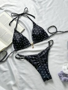 Swim Mod Springbreak 女士波尔卡圆点随机印花金属装饰细肩带性感比基尼套装沙滩装夏季服装 - 彩色 - 查看 3