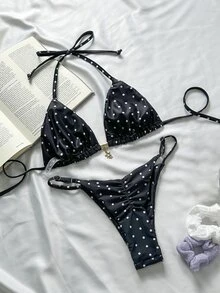 Swim Mod Springbreak 女士波尔卡圆点随机印花金属装饰细肩带性感比基尼套装沙滩装夏季服装 - 彩色 - 查看 2