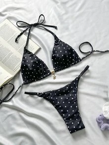 Swim Mod Springbreak 女士波尔卡圆点随机印花金属装饰细肩带性感比基尼套装沙滩装夏季服装 - 彩色 - 查看 4