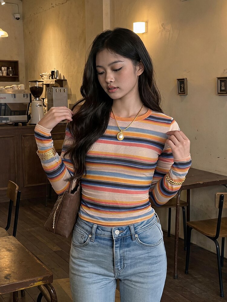 Travachic Women's Beige And Colorblock Pleated Slim Fit Versatile 2000s Casual Retro Vintage 70s 80s Daily Night Out Everyday Daytime Going Out Top Autumn - Multicolor - View 3