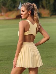 CourtClass Women's Solid Color Back Cutout Pleated Hem Sleeveless Sports Dress With Shorts - Yellow - View 2