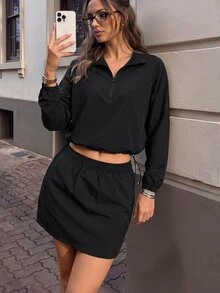 Pariaura Women's Outdoor Casual Sports Set, Stand Collar Half-Zip Short Sun Protection Jacket + Anti-Exposure Skirt 2 Pieces Set - Black - View 3