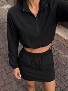 Pariaura Women's Outdoor Casual Sports Set, Stand Collar Half-Zip Short Sun Protection Jacket + Anti-Exposure Skirt 2 Pieces Set - Black - View 5